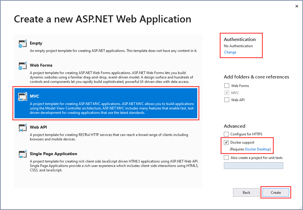 Screenshot of the Create ASP.NET Web Application dialog.